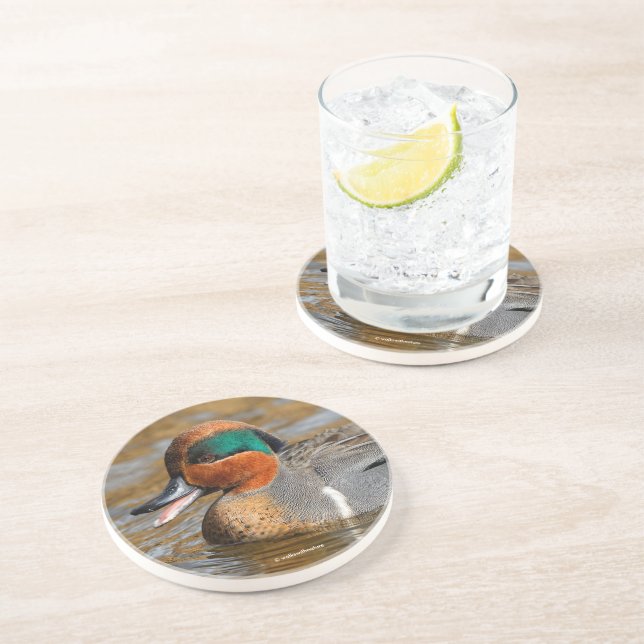 Dessous De Verre En Grès Un canard Turquoise à ailes vertes chatté à l'étan (Côté)