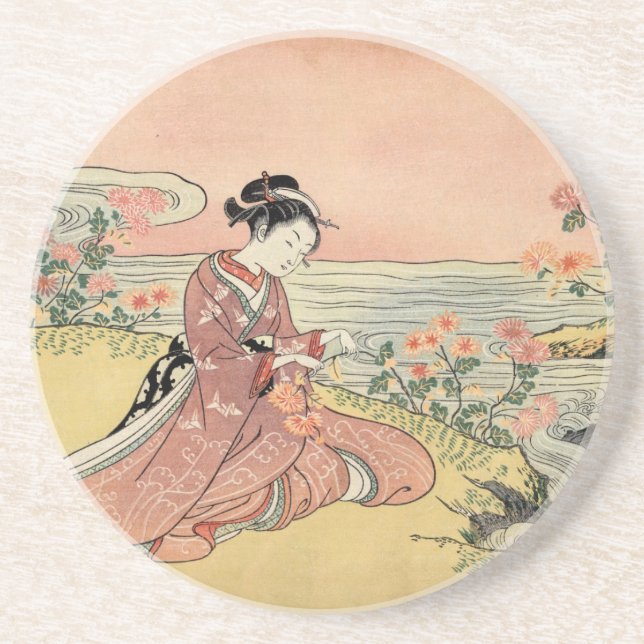 Dessous De Verre En Grès Une femme qui ramasse des chrysanthèmes (Devant)