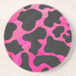 Dessous De Verre En Grès Vache Imprimé Rose Chaud et Noir