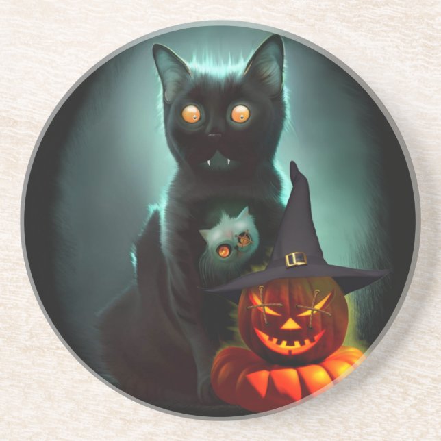 Dessous De Verre En Grès Vampire Chat et Assistant Citrouille Halloween Sur (Devant)