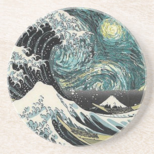 Dessous De Verre En Grès Van Gogh la nuit étoilée - Hokusai la grande vag