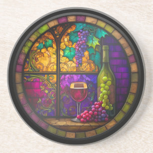 Dessous De Verre En Grès Verre de Faux Vitrail Verre, bouteille et raisins