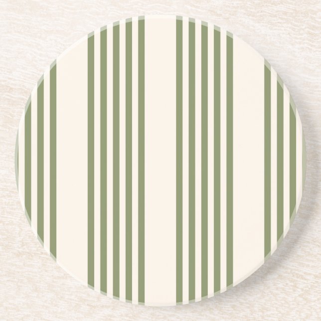 Dessous De Verre En Grès Vert olive et beige cinq rayures motif (Devant)