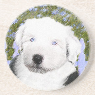 Dessous De Verre En Grès Vieux anglais Sheepdog Puppy Peinture - Chien Art