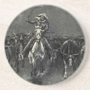 Dessous De Verre En Grès Vintage Cowboys, un stampede de Frederic Remington