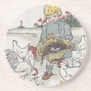 Dessous De Verre En Grès Vintage fille avec poulets, E est un oeuf