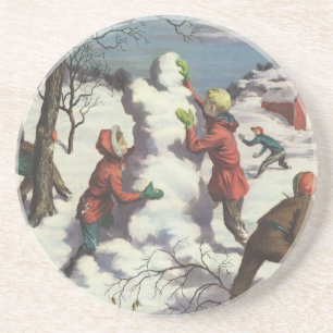Dessous De Verre En Grès Vintage Noël, Enfants Snowball combat