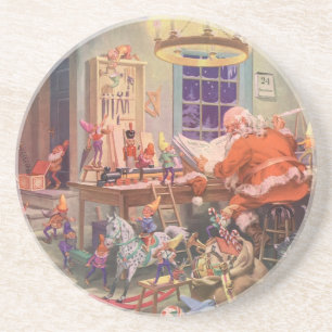 Dessous De Verre En Grès Vintage Noël, Santa Claus avec Elves Atelier