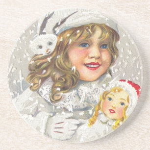 Dessous De Verre En Grès Vintage Noël Victorienne fille avec poupée en neig