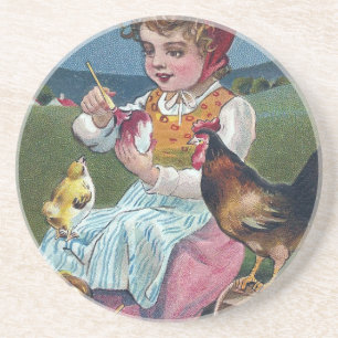 Dessous De Verre En Grès Vintage Pâques Peignant L'Oeuf Avec Les Poulets