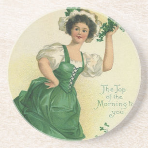 Dessous De Verre En Grès Vintage St. Patrick's Day Lass, Shamrock chanceux