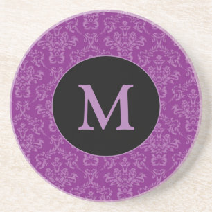 Dessous De Verre En Grès Violet Pourpre Élégant Vintage Damassé Monogramme
