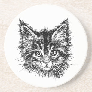 Dessous De Verre En Grès Visage de chaton noir et blanc