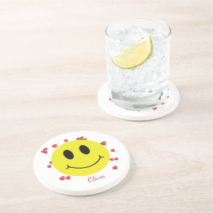 Dessous De Verre En Grès Visage Souriant avec Cœurs Rouges Personnalisé    