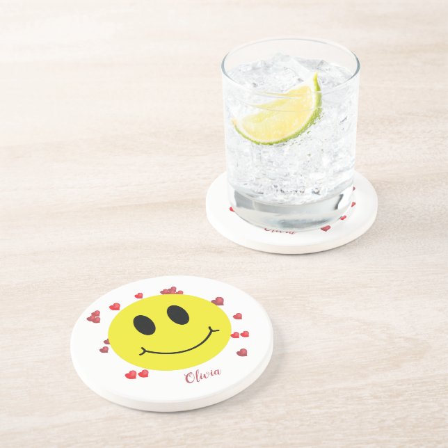 Dessous De Verre En Grès Visage Souriant avec Cœurs Rouges Personnalisé     (Côté)