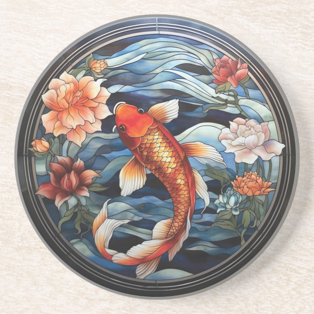 Dessous De Verre En Grès Vitrail asiatique style Koi Poisson et Camellias (Devant)