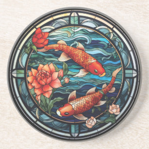 Dessous De Verre En Grès Vitrail asiatique style Koi Poisson et Camellias