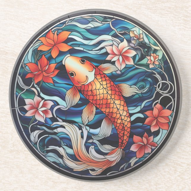 Dessous De Verre En Grès Vitrail asiatique style Koi Poisson et Camellias (Devant)