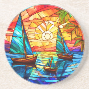 Dessous De Verre En Grès voiliers et couchers de soleil vitrail