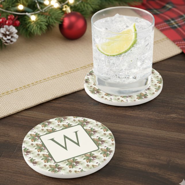 Dessous De Verre En Grès Watercolor Winter Botanical Pattern (Holiday monogram drink coaster)
