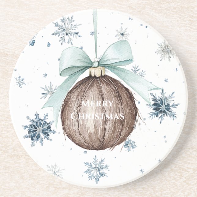 Dessous De Verre En Grès White Blue Snowflakes Christmas Coconut Bow (Devant)