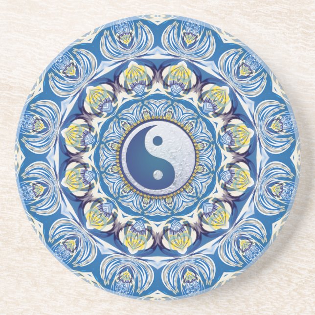 Dessous De Verre En Grès Yin Yang Balance Vie Bleu Jaune Mandala (Devant)