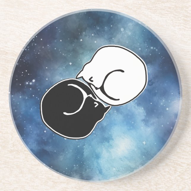 Dessous De Verre En Grès Yin Yang Chats Noirs et Blancs Chatons Chatons Cou (Devant)