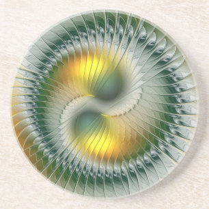 Dessous De Verre En Grès Yin Yang Vert Jaune Abstrait coloré Fractal