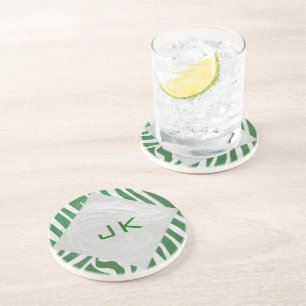 Dessous De Verre En Grès Zebra Monogramme Vert et Blanc Impression