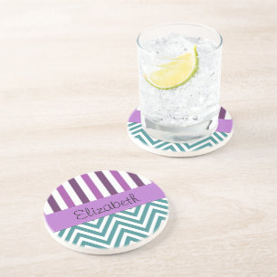 Dessous De Verre En Grès Zigzag Bleu, Chevron, Bandes Violettes, Votre Nom