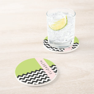 Dessous De Verre En Grès Zigzag noir et blanc, Chevron, Vert, Votre nom
