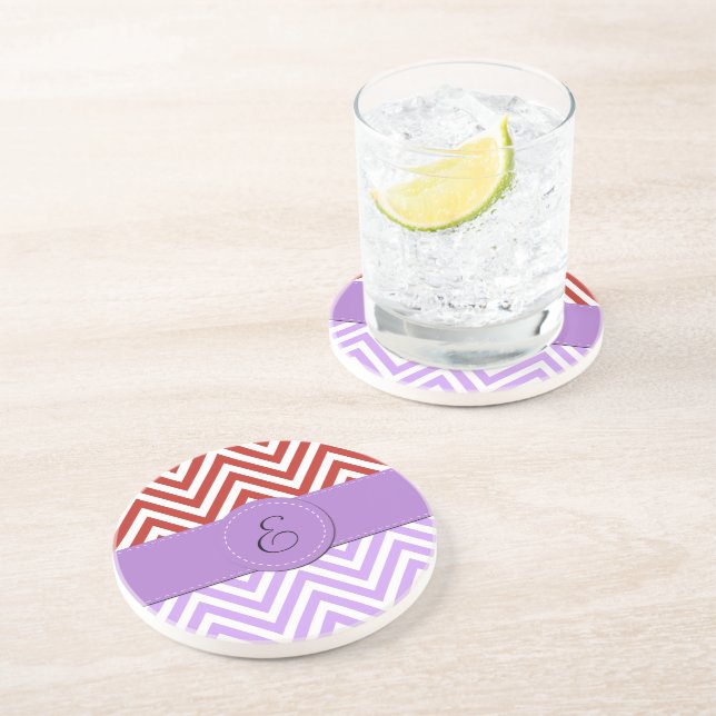 Dessous De Verre En Grès Zigzag violet, Zigzag rouge, Chevron, Monogramme (Côté)