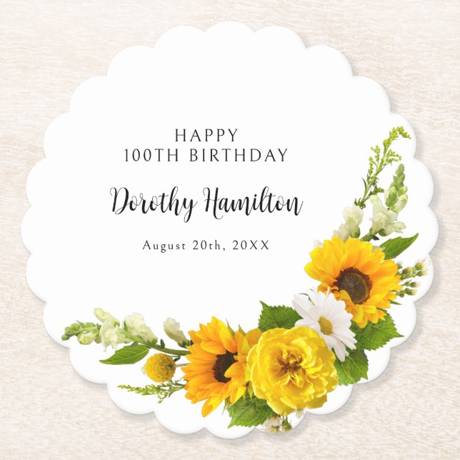 Dessous-de-verre En Papier 100e fête d'anniversaire Sunflower Daisy Custom (Devant)