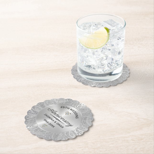 Dessous-de-verre En Papier 25e anniversaire mariage mandala argent (En situation)