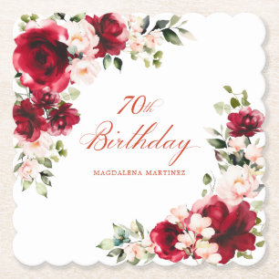 Dessous-de-verre En Papier 70e fête d'anniversaire Rouge rose Floral Custom