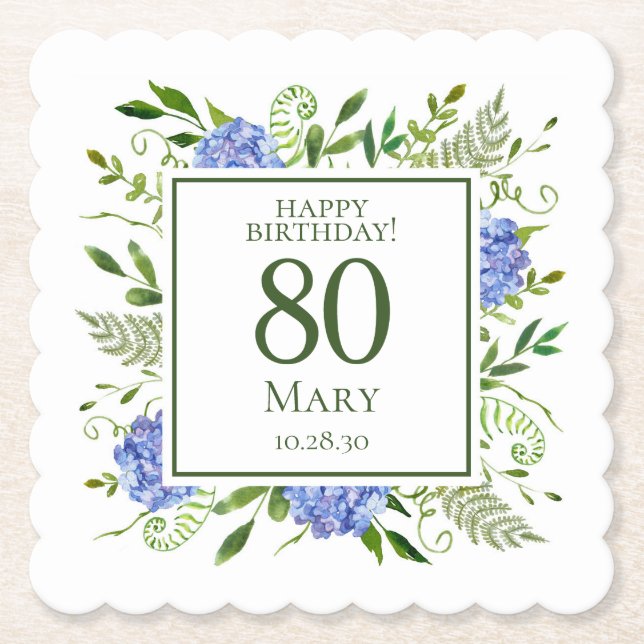 Dessous-de-verre En Papier 80e anniversaire Blue Hydrangeas (Devant)