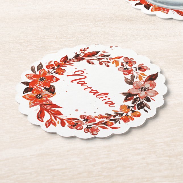 Dessous-de-verre En Papier Aquarelle Automne Florales Nom personnalisé (Incliné)