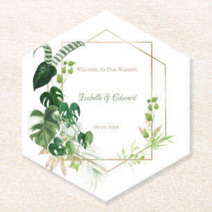 Dessous-de-verre En Papier Aquarelle Tropical Vert & Or Feuilles Palm