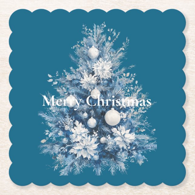 Dessous-de-verre En Papier Arbre de Noël blanc bleu (Devant)