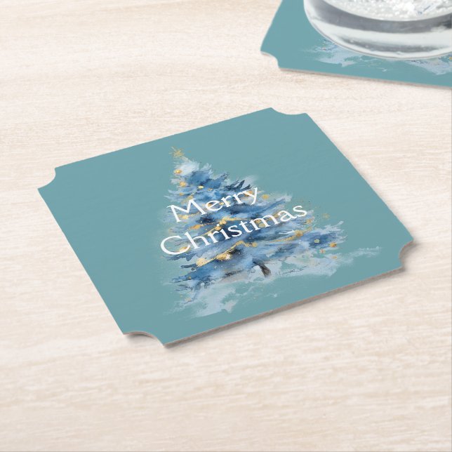 Dessous-de-verre En Papier Arbre de Noël bleu or (Incliné)