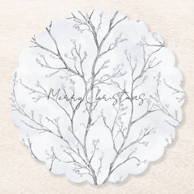 Dessous-de-verre En Papier Arbres blancs de Noël argentés (Devant)