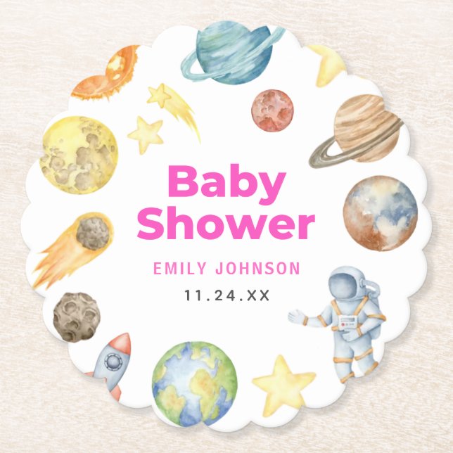 Dessous-de-verre En Papier Baby shower pour filles spatiales (Devant)