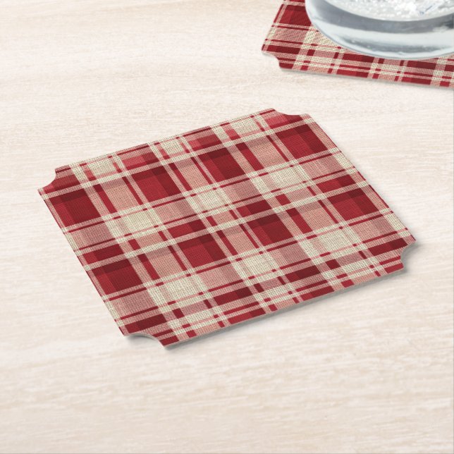Dessous-de-verre En Papier Bandes Plaid Crème Rouge (Incliné)