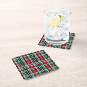 Dessous-de-verre En Papier Bandes Plaid Vert Crème Rouge
