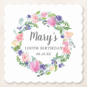 Dessous-de-verre En Papier Bleu rose pourpre Floral 100e anniversaire