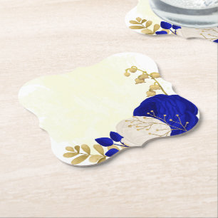 Dessous-de-verre En Papier bleu royal et fleurs blanches or