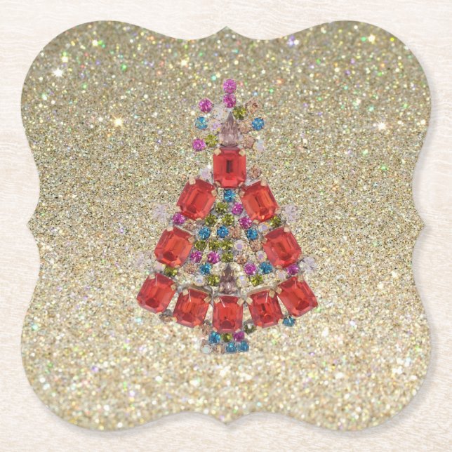 Dessous-de-verre En Papier Bling Christmas Red Tree Parties scintillant or (Devant)