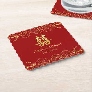 Dessous-de-verre En Papier Bordure fleurie or rouge mariage chinois double xi