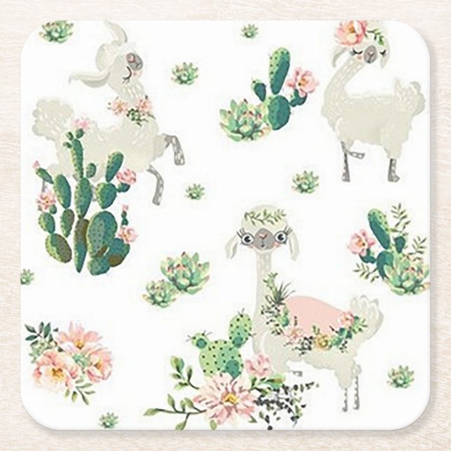 Dessous de verre en papier Carré Llama et Cactus (Devant)