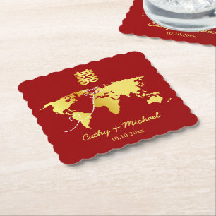 Dessous-de-verre En Papier Carte rouge et or destination mariage chinois